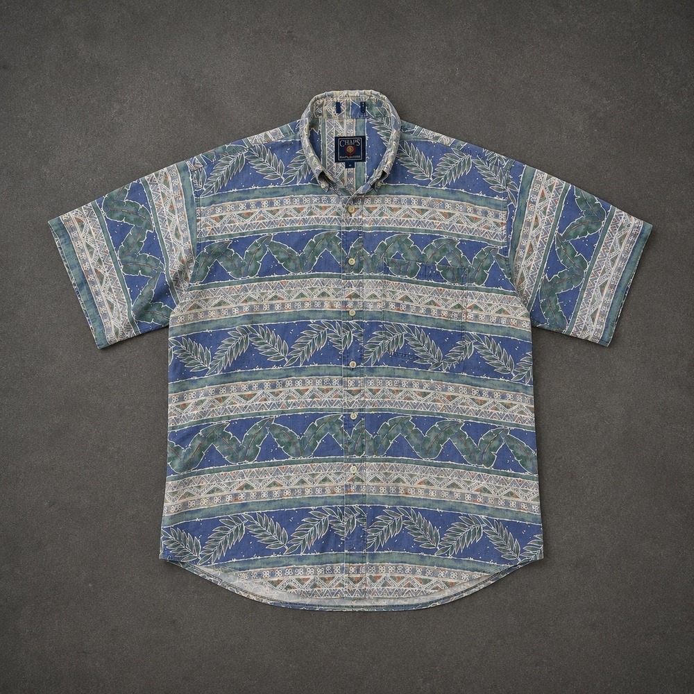 Vintage Chaps Ralph Lauren Hawaiian Shirt Mens M Blue Green Tropical 90s Button